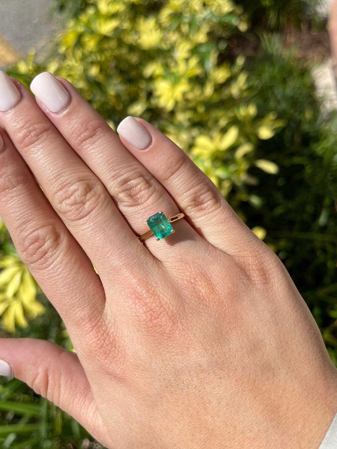 2.25ct 14K Medium Dark Green Emerald Cut Emerald 4 Prong Solitaire Ring For Sale 1