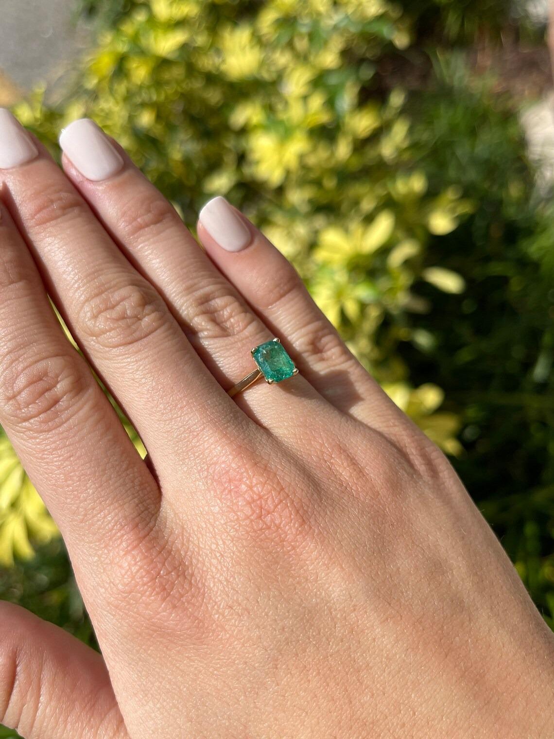 2.25ct 14K Medium Dark Green Emerald Cut Emerald 4 Prong Solitaire Ring For Sale 2