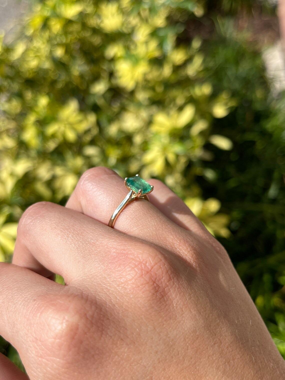 2.25ct 14K Medium Dark Green Emerald Cut Emerald 4 Prong Solitaire Ring For Sale 3