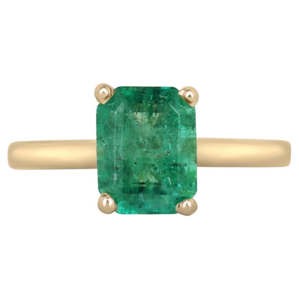 2.25ct 14K Medium Dark Green Emerald Cut Emerald 4 Prong Solitaire Ring For Sale