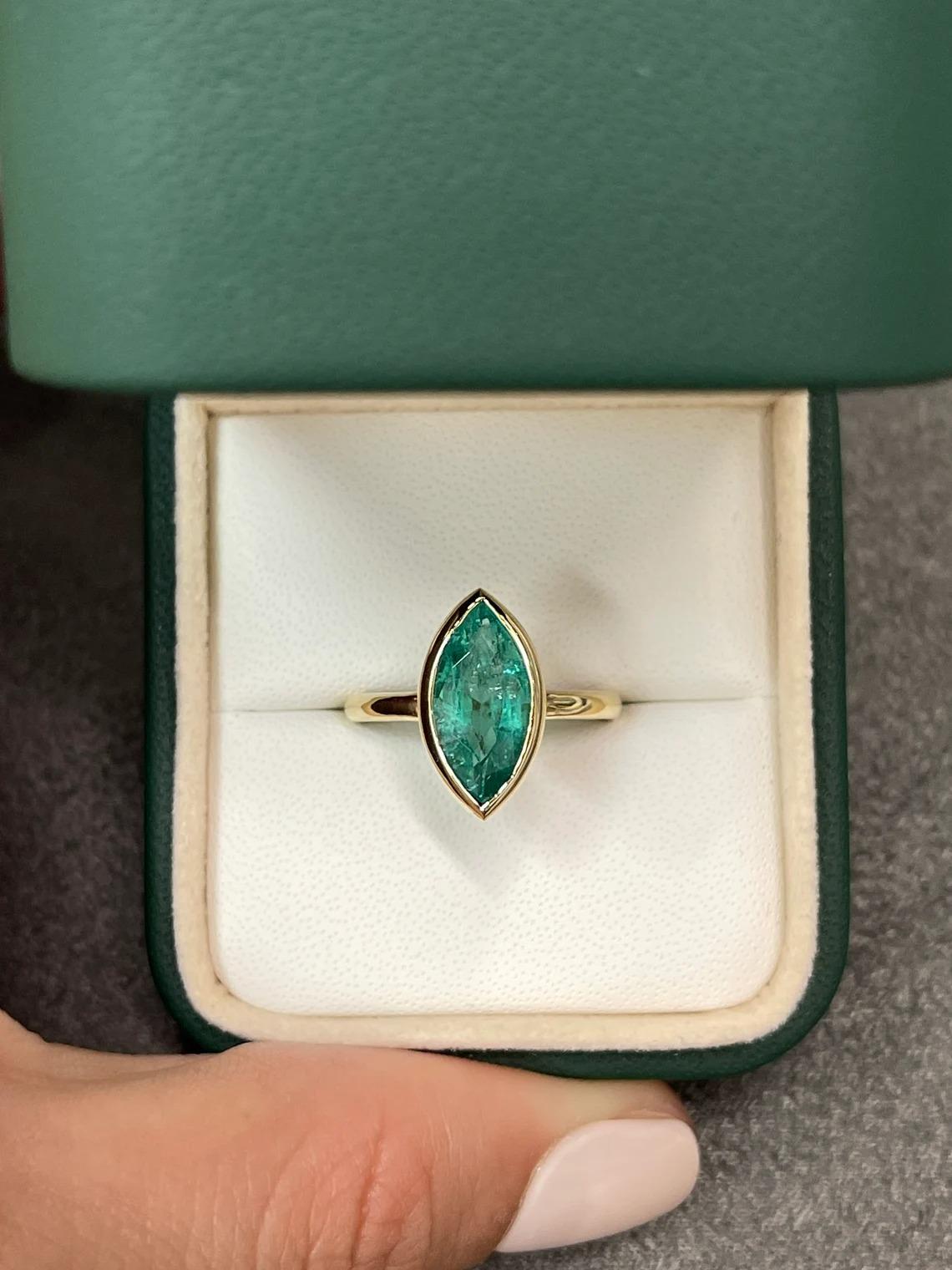 Modern 2.25ct 14K Natural Emerald-Marquise Cut Bezel Set Solitaire Gold Ring