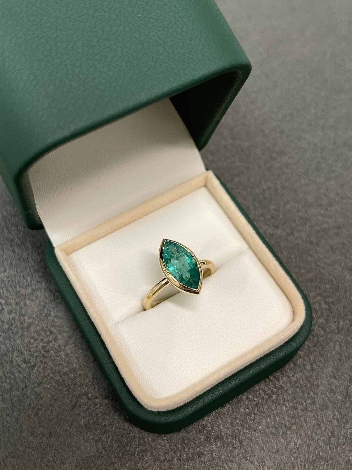 2.25ct 14K Natural Emerald-Marquise Cut Bezel Set Solitaire Gold Ring In New Condition In Jupiter, FL