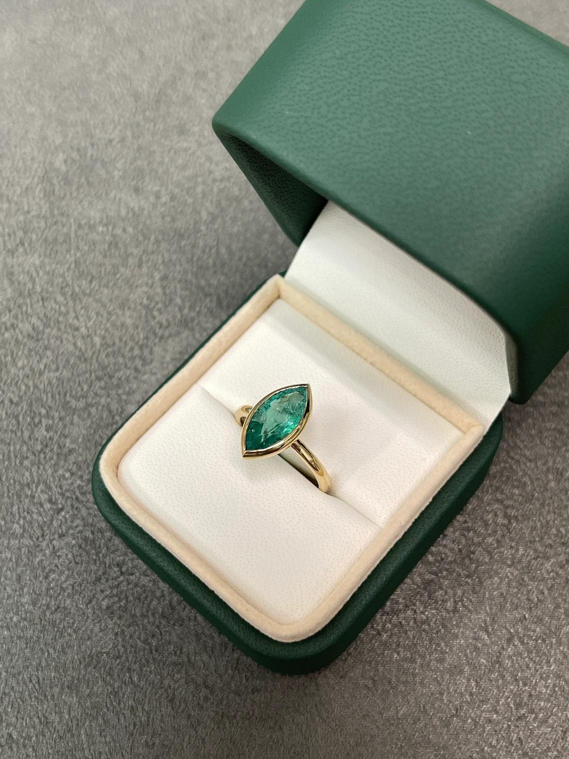 Women's 2.25ct 14K Natural Emerald-Marquise Cut Bezel Set Solitaire Gold Ring