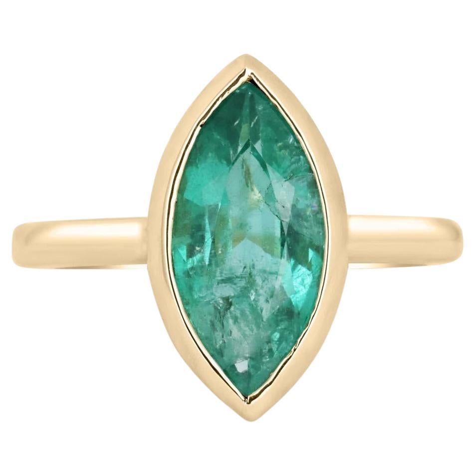 2.25ct 14K Natural Emerald-Marquise Cut Bezel Set Solitaire Gold Ring
