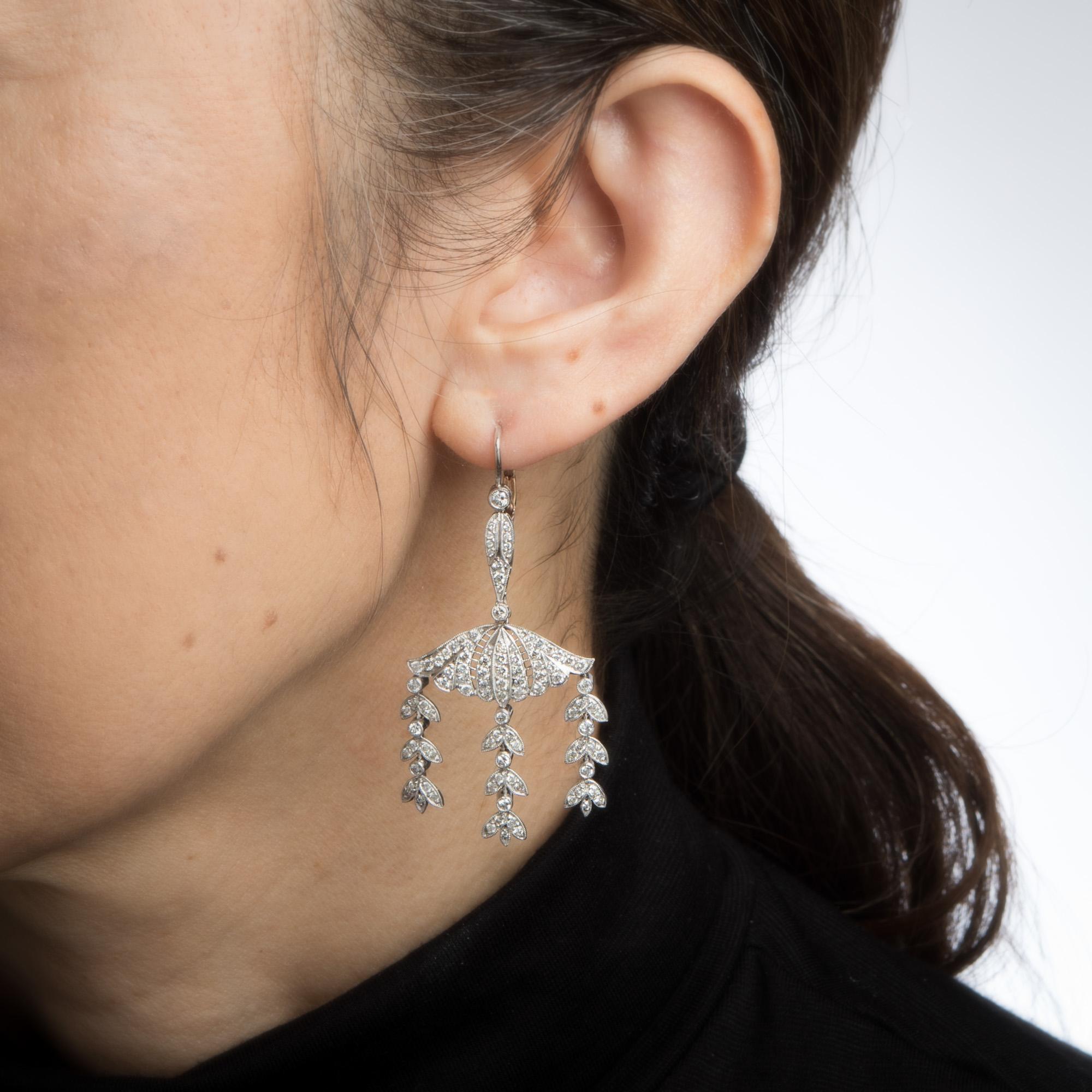 Modern 2.25ct Diamond Dangle Earrings Vintage Platinum 14k Gold Foliate Drops Jewelry For Sale