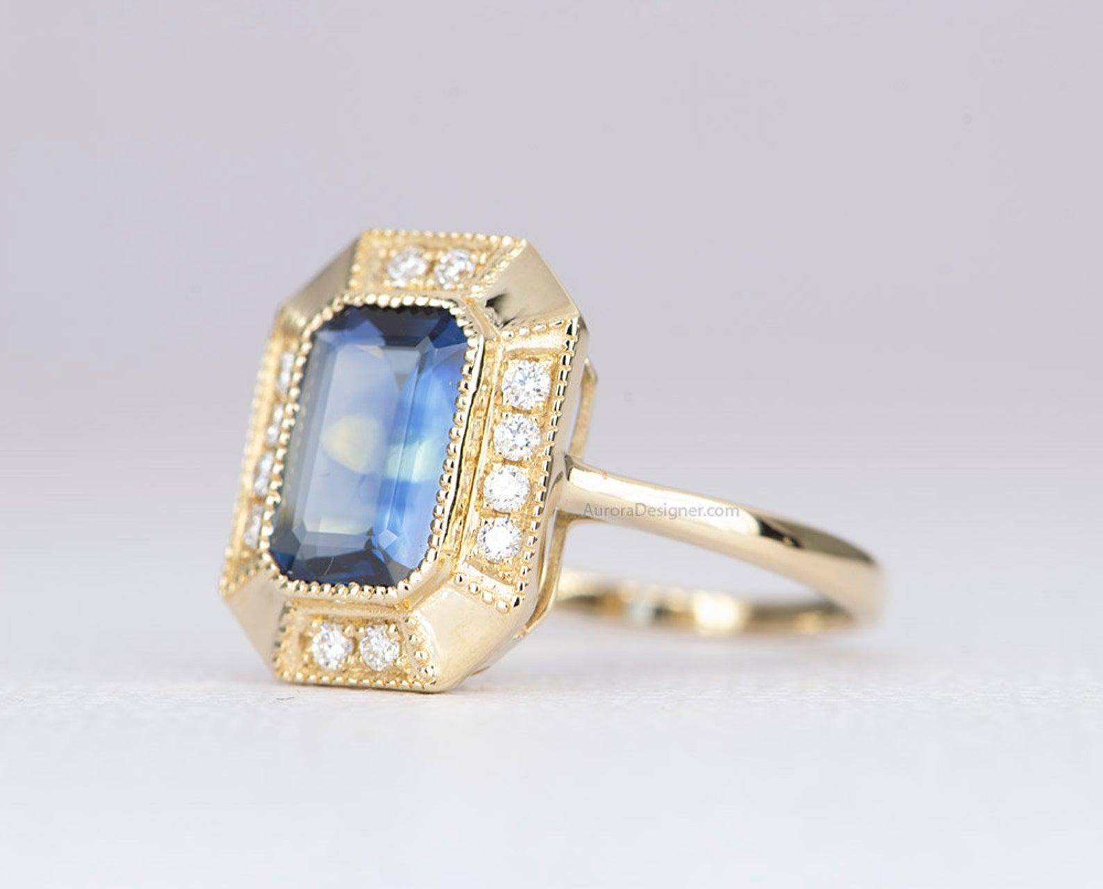 2.25 Carat Emerald Cut Teal Blue Sapphire 14 Karat Gold Diamond Halo Ring AD1813 In New Condition For Sale In Osprey, FL