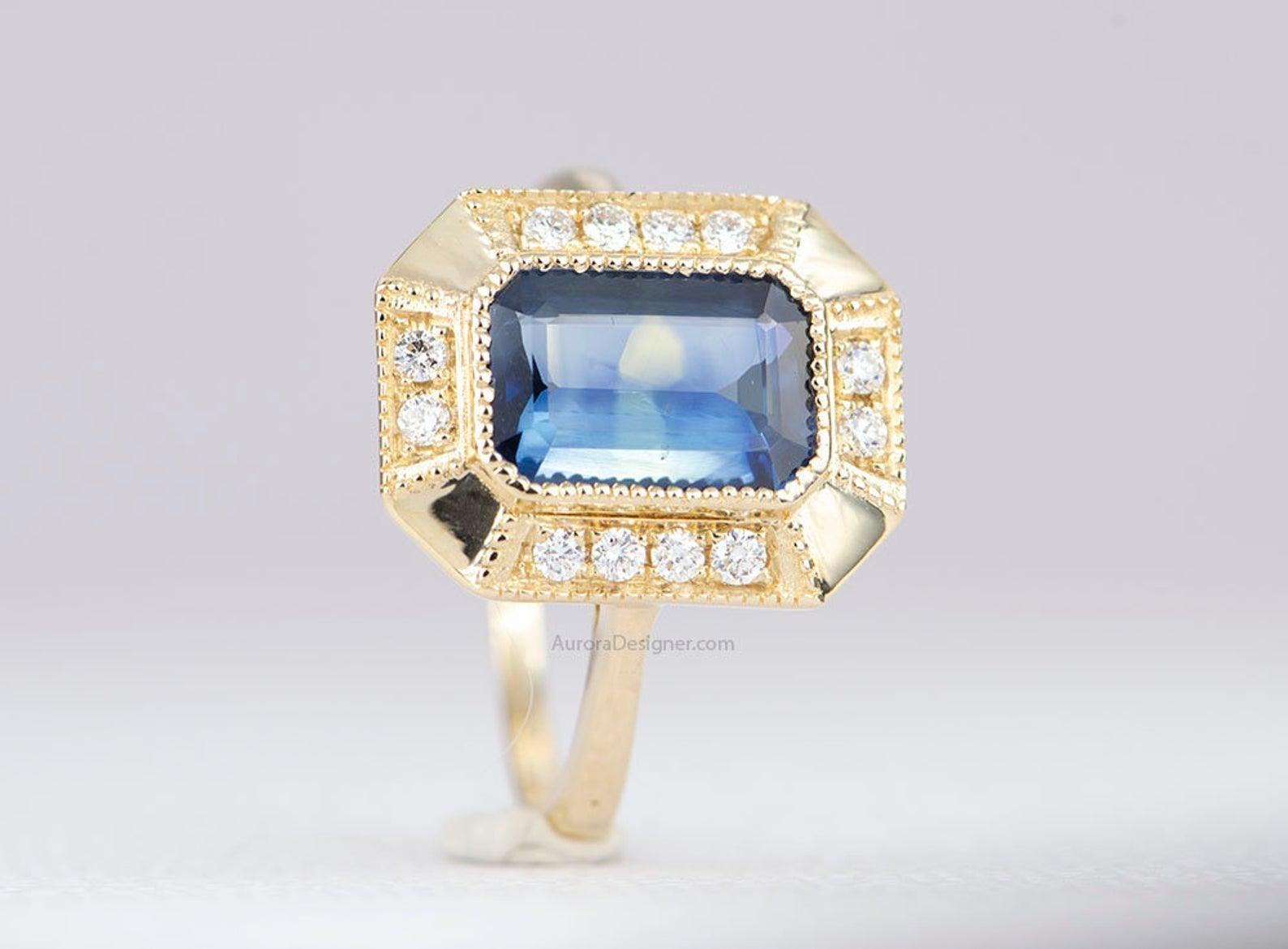 Women's or Men's 2.25 Carat Emerald Cut Teal Blue Sapphire 14 Karat Gold Diamond Halo Ring AD1813 For Sale