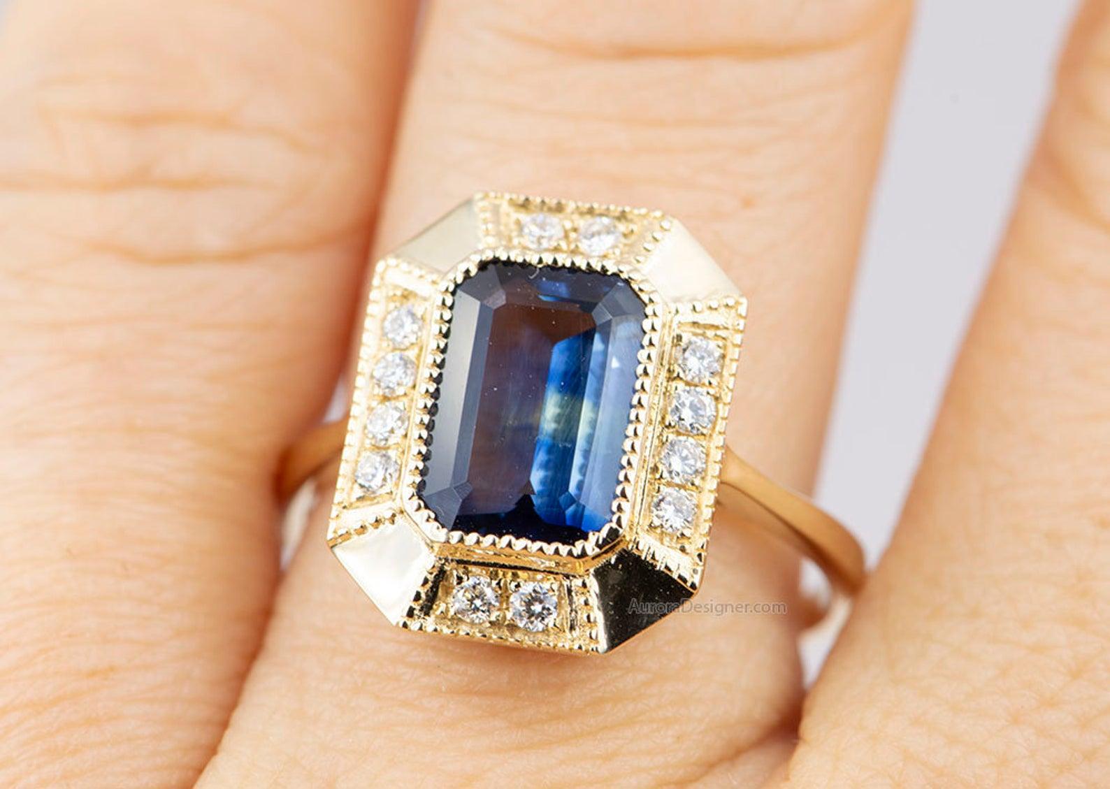 2.25 Carat Emerald Cut Teal Blue Sapphire 14 Karat Gold Diamond Halo Ring AD1813 For Sale 2