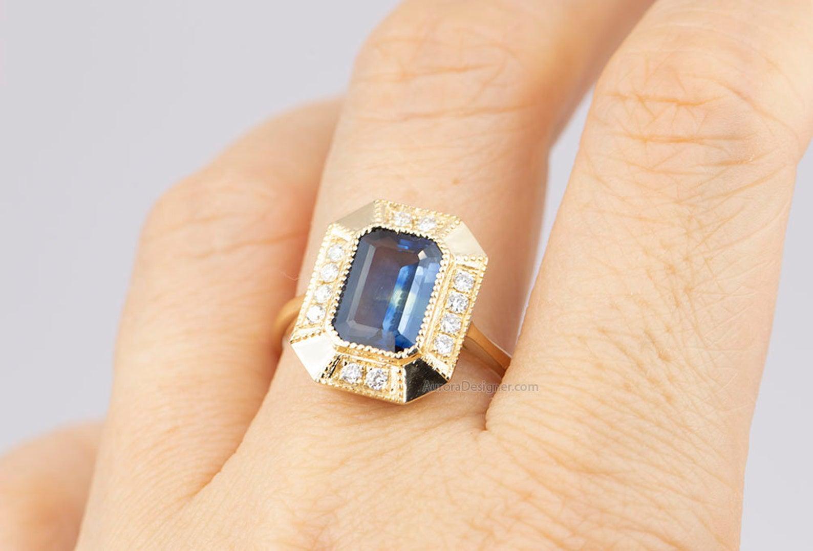 2.25 Carat Emerald Cut Teal Blue Sapphire 14 Karat Gold Diamond Halo Ring AD1813 For Sale 3