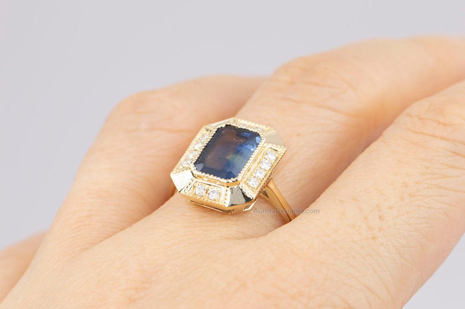 2.25 Carat Emerald Cut Teal Blue Sapphire 14 Karat Gold Diamond Halo Ring AD1813 For Sale 4