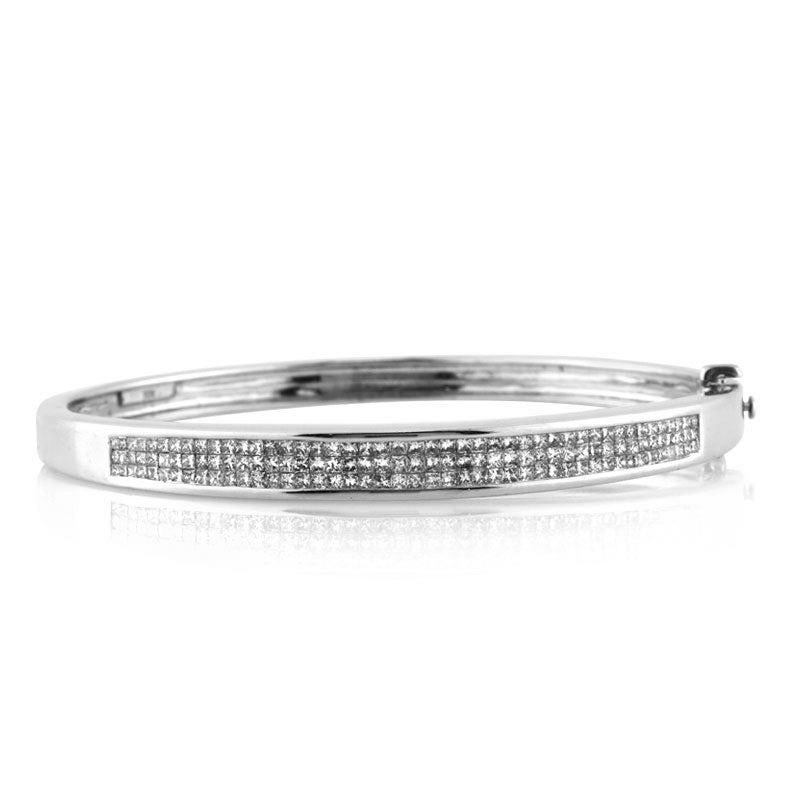 2.25ct Invisible Set Princess Cut Diamond Bangle Bracelet in 14k White Gold For Sale