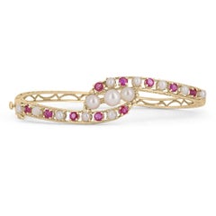 2.25cts Ruby Pearl Bangle 14k Yellow Gold Estate Ruby Pearl Bracelet Vintage