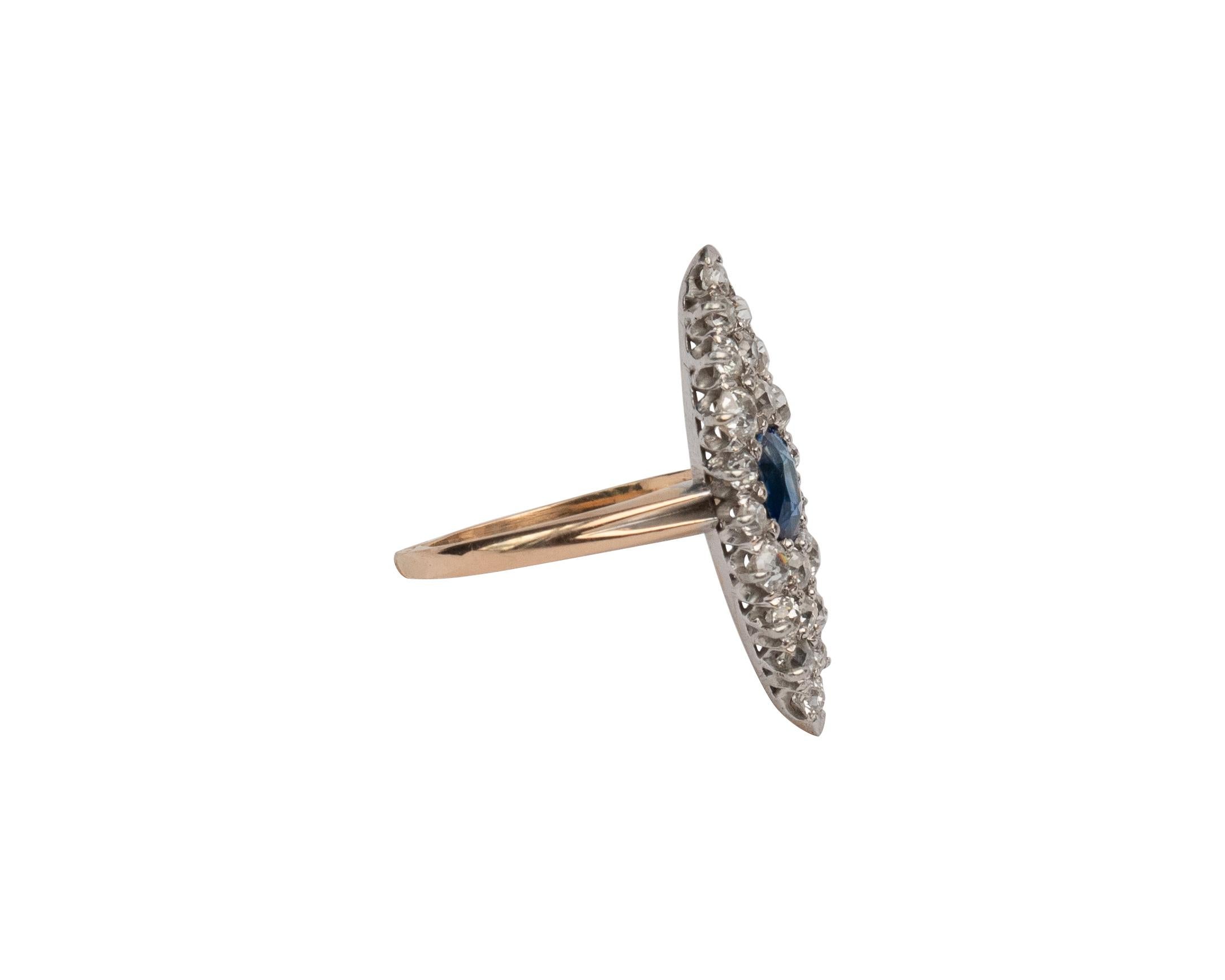 Late Victorian 2.25ctw Blue Sapphire and Old Mine Cut Diamond Pave Gold & Platinum Navette Ring