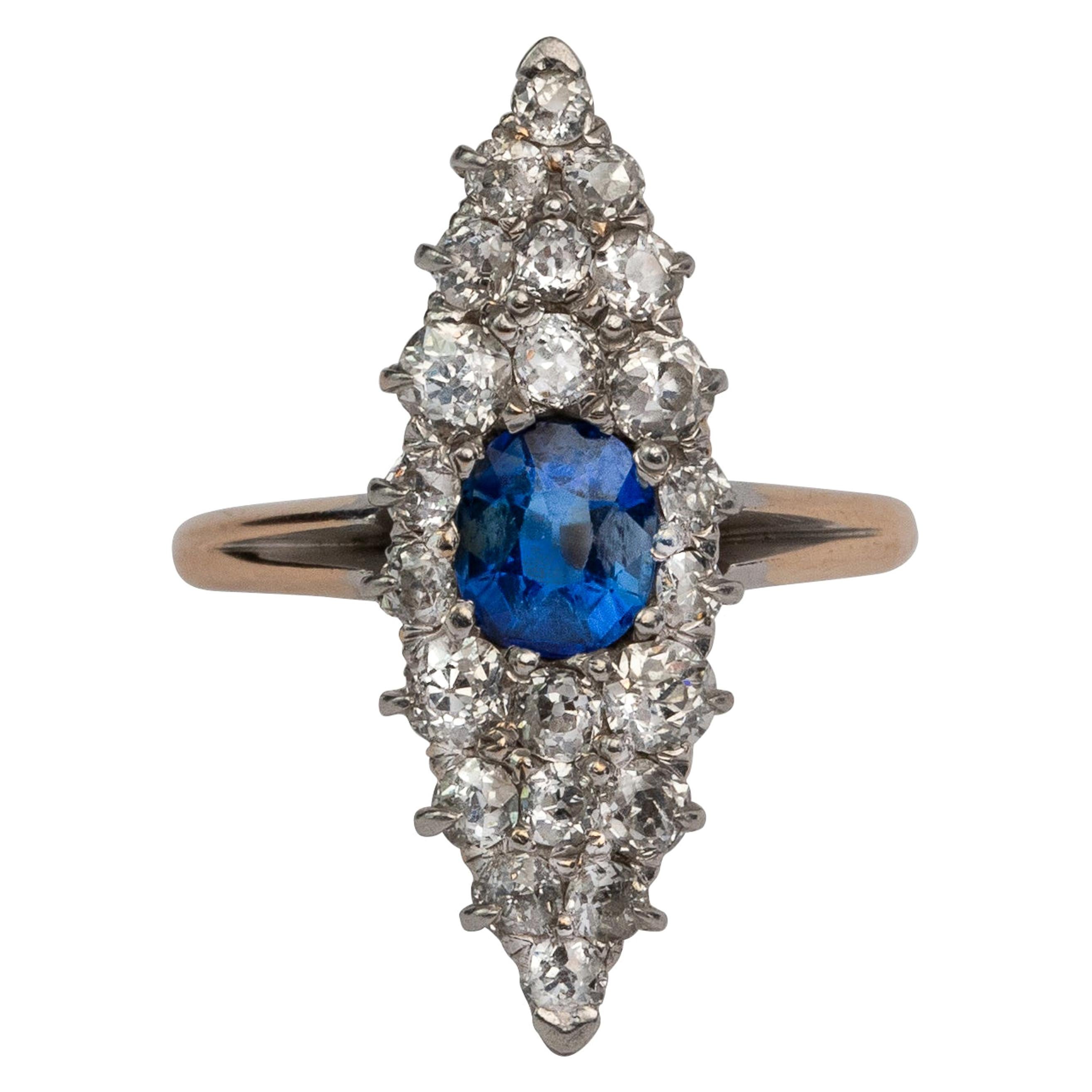 2.25ctw Blue Sapphire and Old Mine Cut Diamond Pave Gold & Platinum Navette Ring