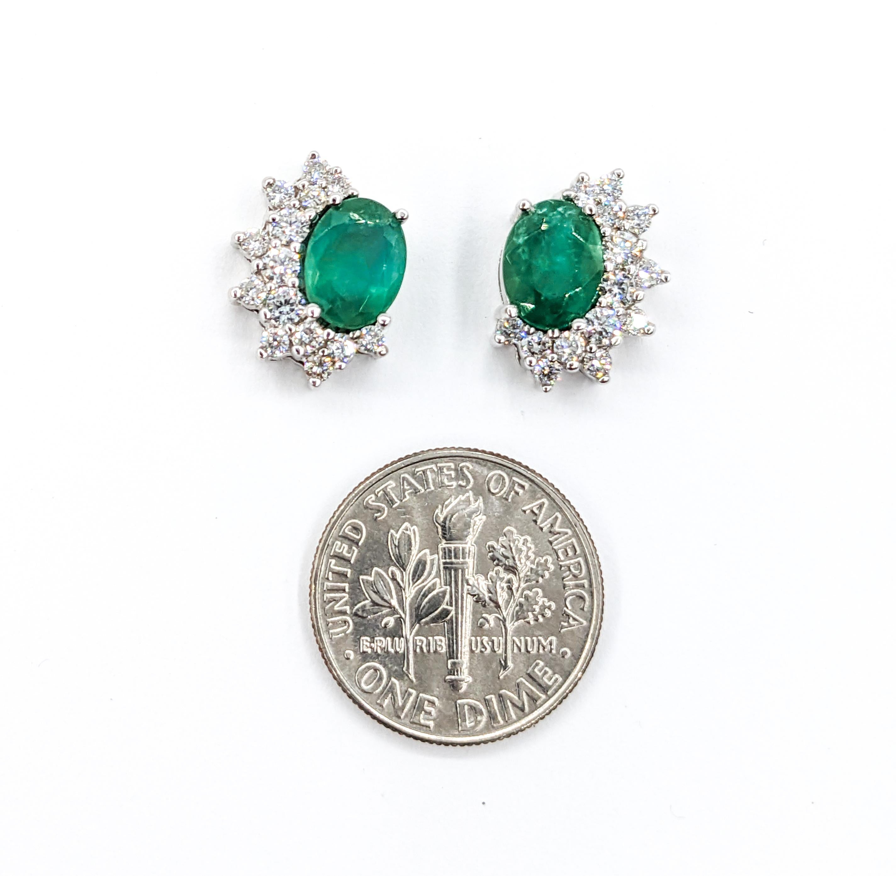 Oval Cut 2.25ctw Emerald & Diamond Earrings In White Gold For Sale