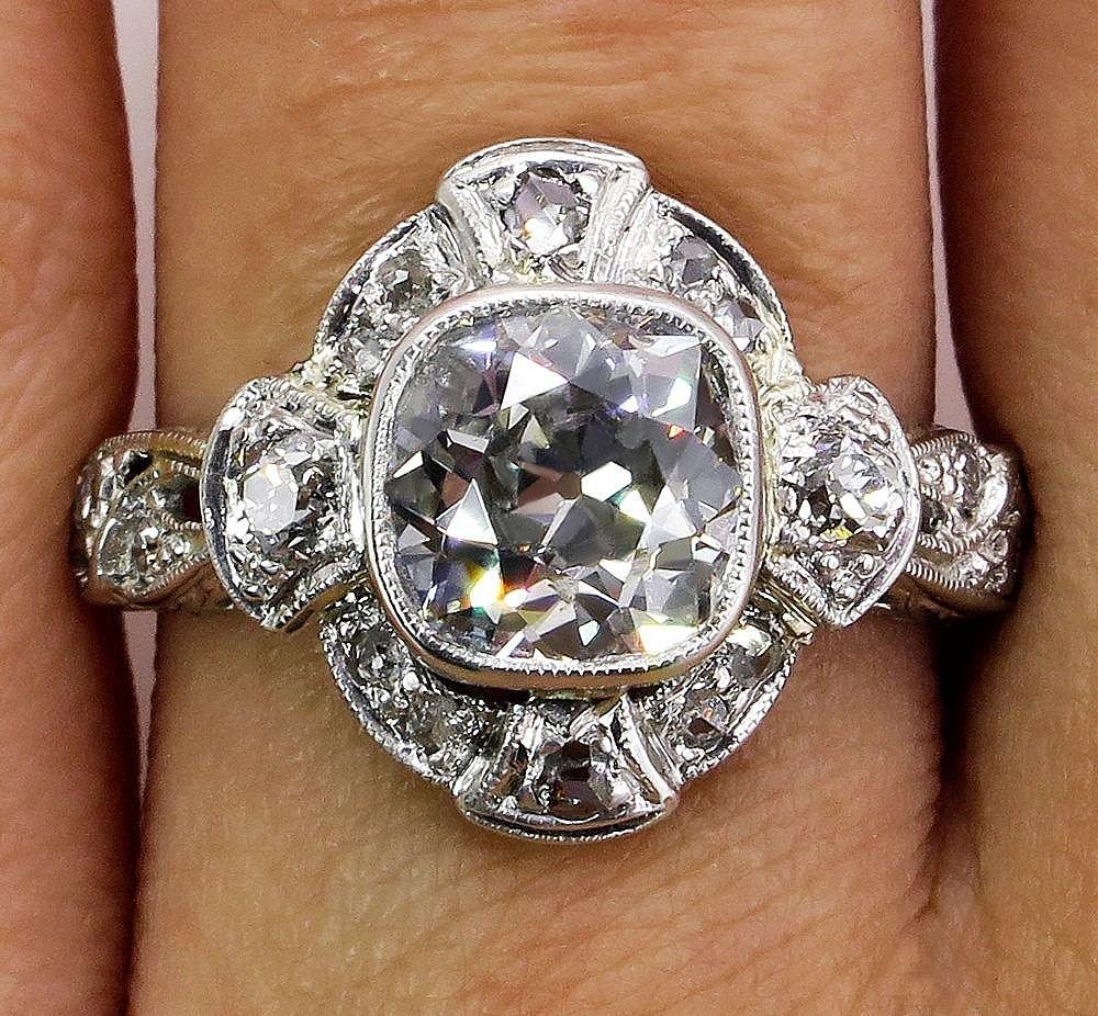 Women's 2.25 Carat Old Mine Cushion Diamond Engagement Platinum Ring EGL, USA