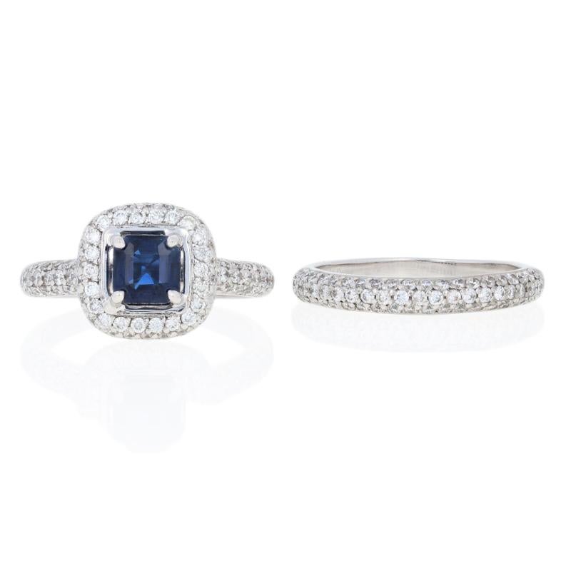 2.25 Carat Square Sapphire and Diamond Ring and Wedding Band 14 Karat Gold Halo 1