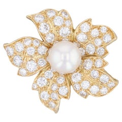 2.25ctw VVS Diamond & Pearl Flower Brooch 18k Yellow Gold Floral Statement Pin