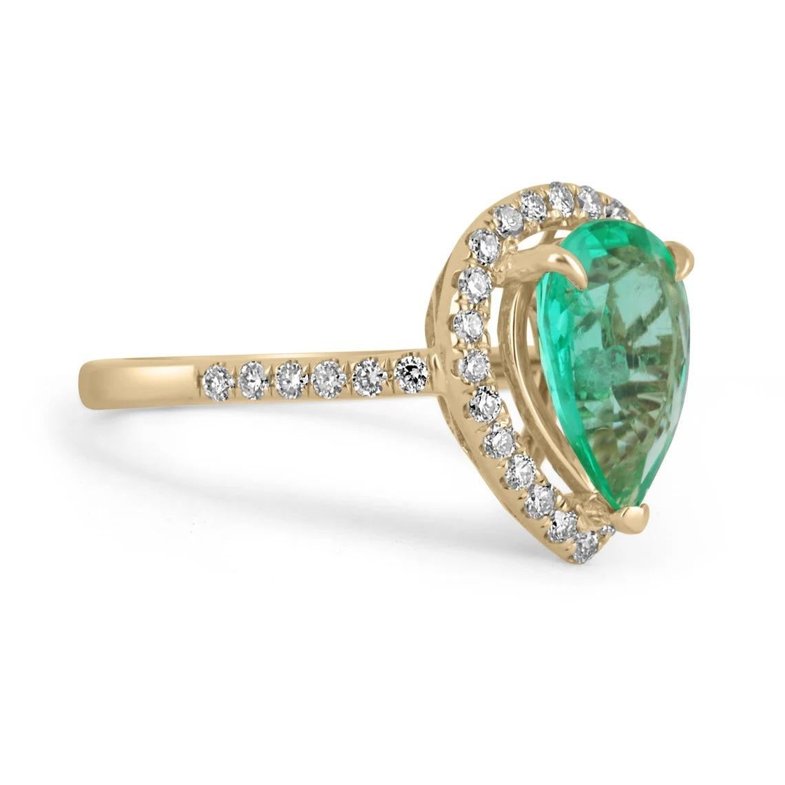 An absolutely stunning, emerald and diamond engagement ring. The center stone features a high-quality 1.75-carat, natural Colombian emerald. Cut in the shape of a pear, with a ravishing electric green color, excellent clarity, and the best of all...