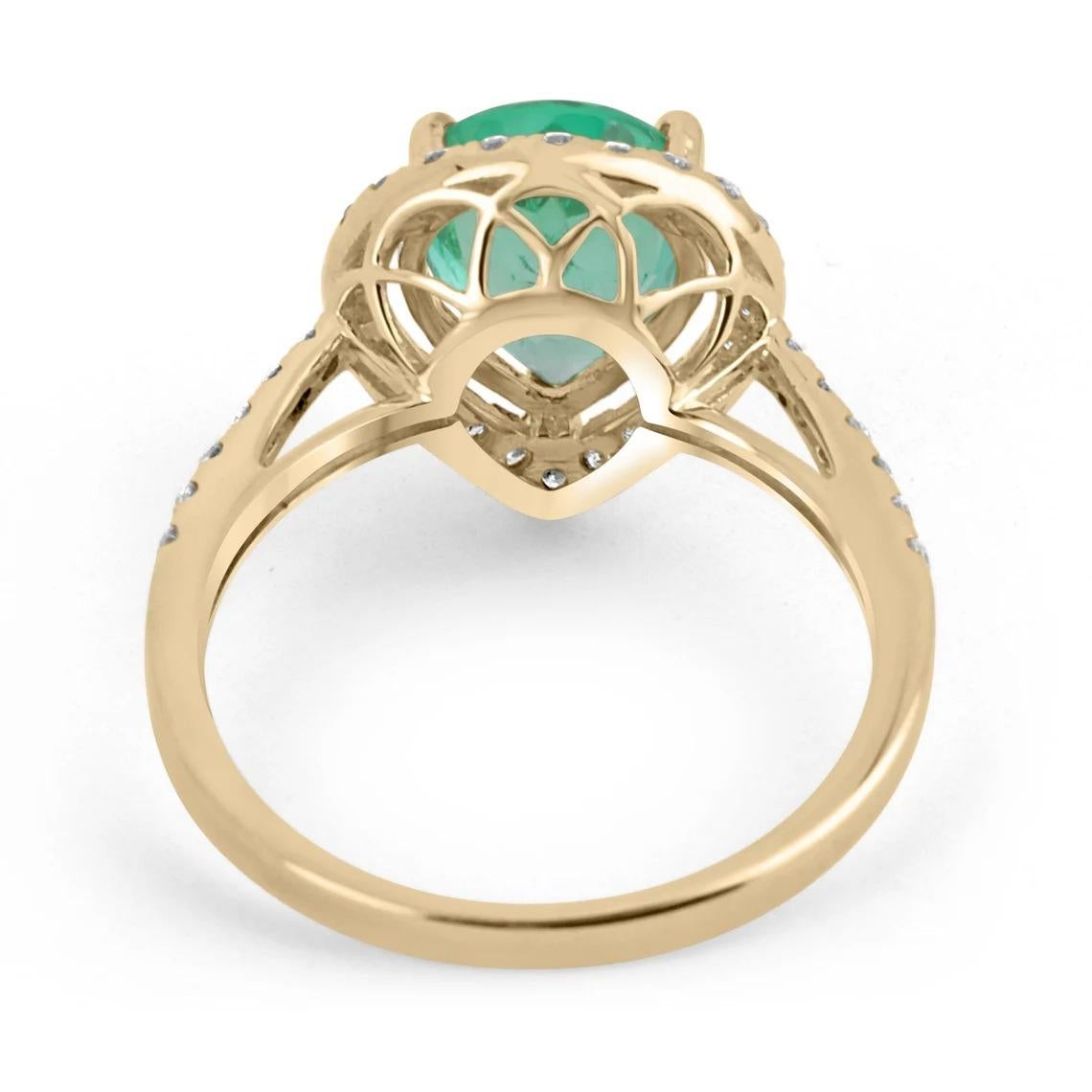 Modern 2.25tcw 14k Colombian Emerald-Pear Cut & Diamond Halo Engagement Gold Ring For Sale