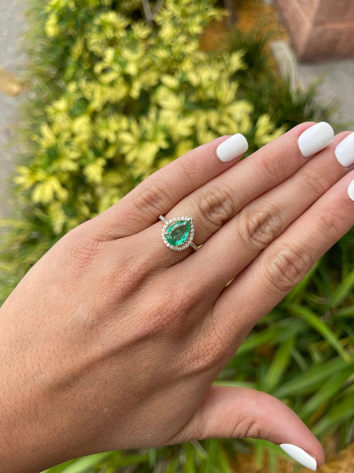 2.25tcw 14k Colombian Emerald-Pear Cut & Diamond Halo Engagement Gold Ring In New Condition For Sale In Jupiter, FL
