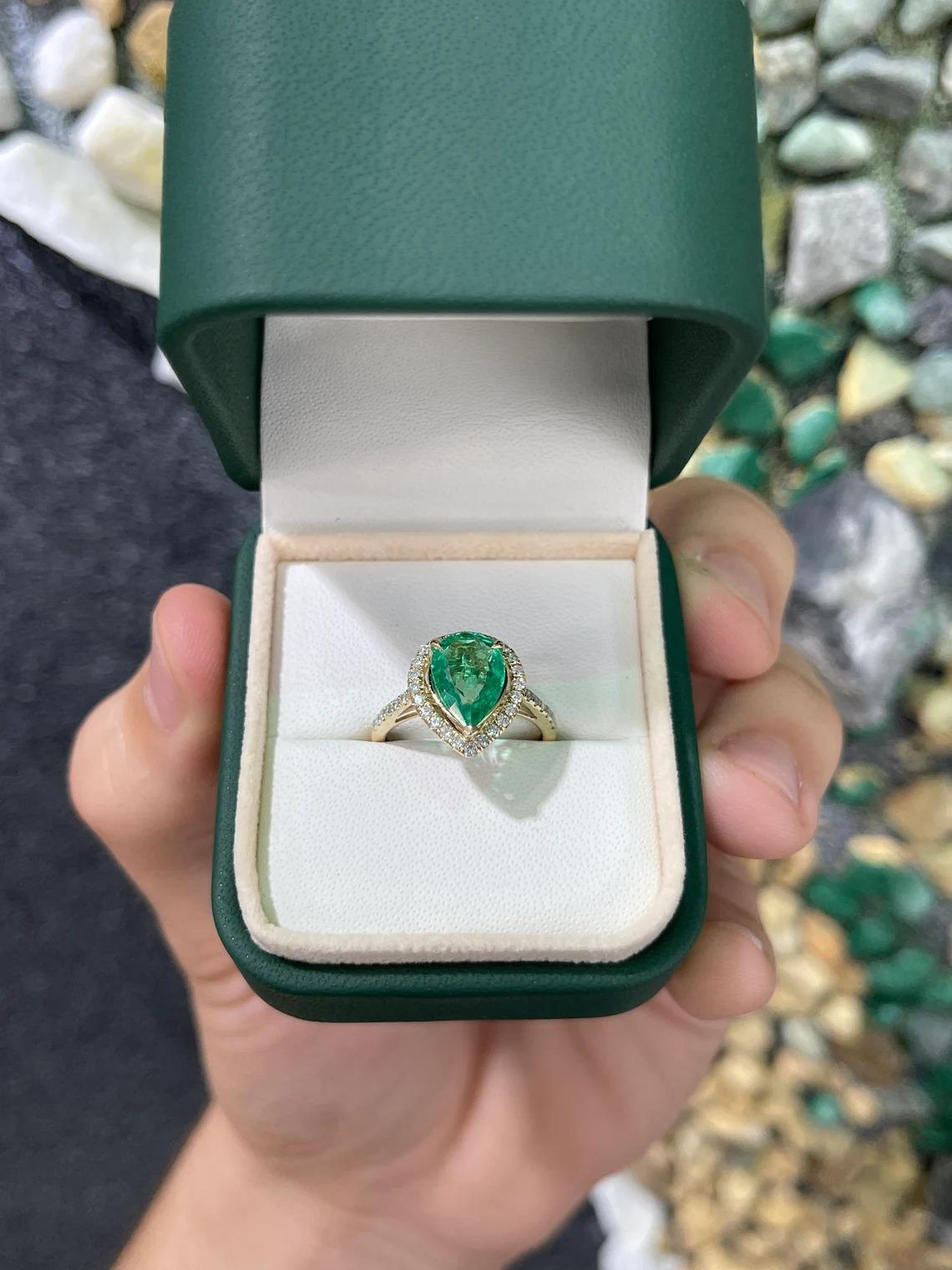 2.25tcw 14k Colombian Emerald-Pear Cut & Diamond Halo Engagement Gold Ring For Sale 1