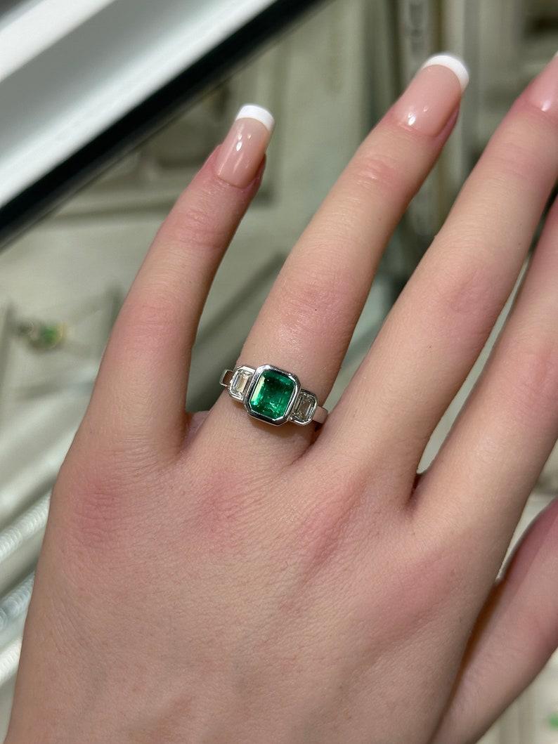 Contemporary 2.25tcw 14K GIA Natural Emerald & Diamond 3 Stone Engagement Ring For Sale
