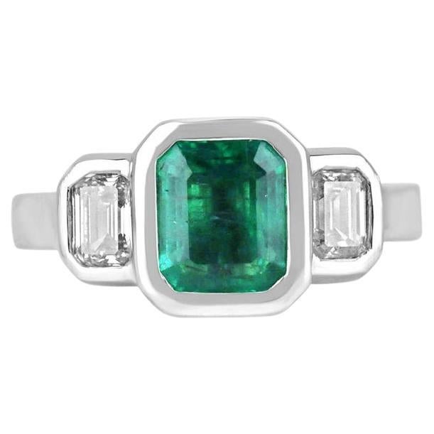 2.25tcw 14K GIA Natural Emerald & Diamond 3 Stone Engagement Ring For Sale