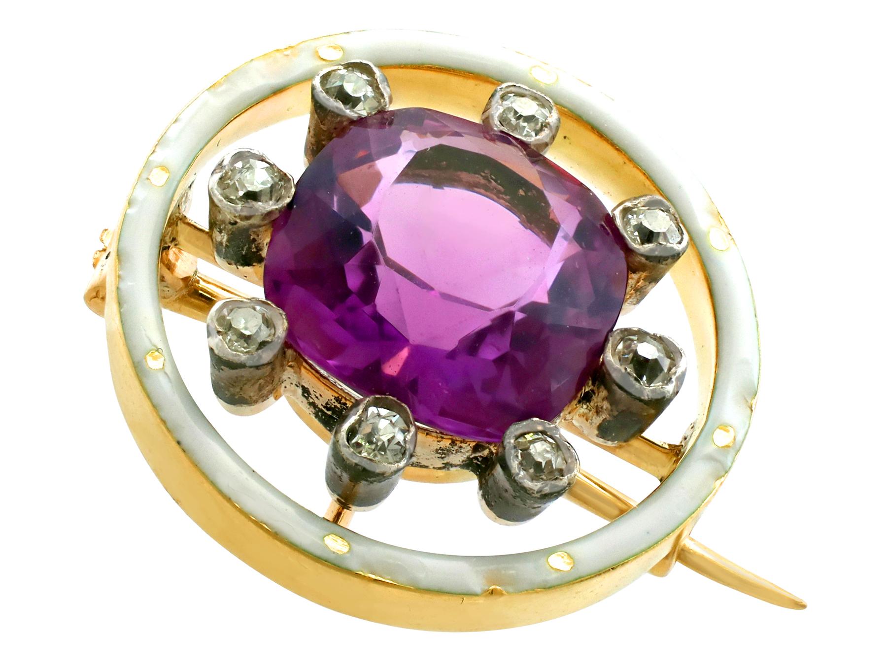 An impressive antique 1920's 2.26 carat amethyst and 0.16 carat diamond, 18 karat yellow gold and silver set brooch; part of our diverse antique estate jewelry collections.

This fine and impressive antique amethyst brooch has been crafted in 18k