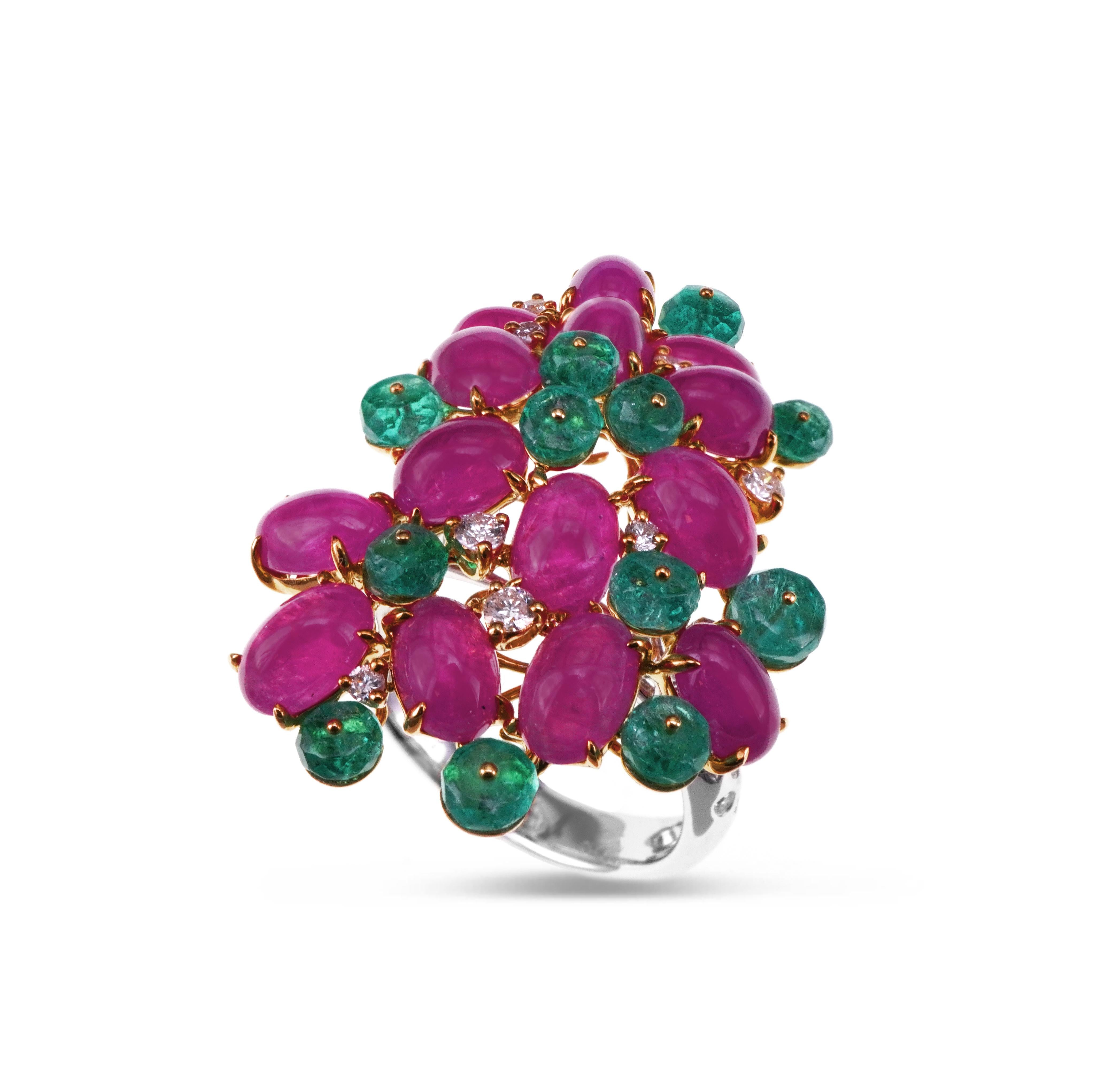 A scintillating mix of 2.26 Colombian Emerald , 10.51 carat old mine ruby and 0.32 carats of white round brilliant diamond are set together in this eye catching ring. The details of the diamond are mentioned below:
Color: F
Clarity: Vs
Ring Size is