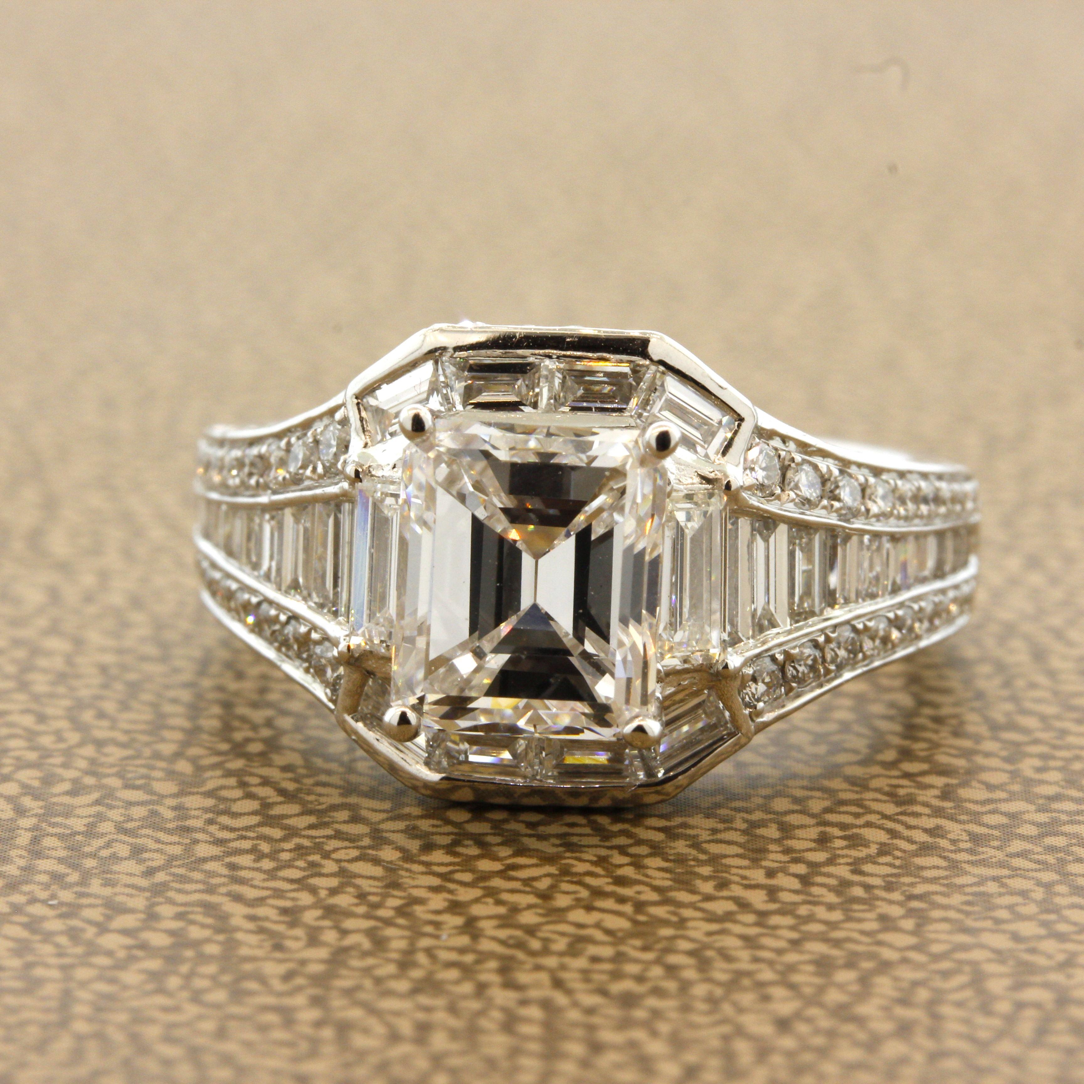 A bright, clean and beautiful diamond, graded and certified by the GIA takes center stage! The diamond is a lovely emerald-cut with a color grade of E and clarity grade of VS1, making it nearly visibly indistinguishable from a “perfect” D-Flawless