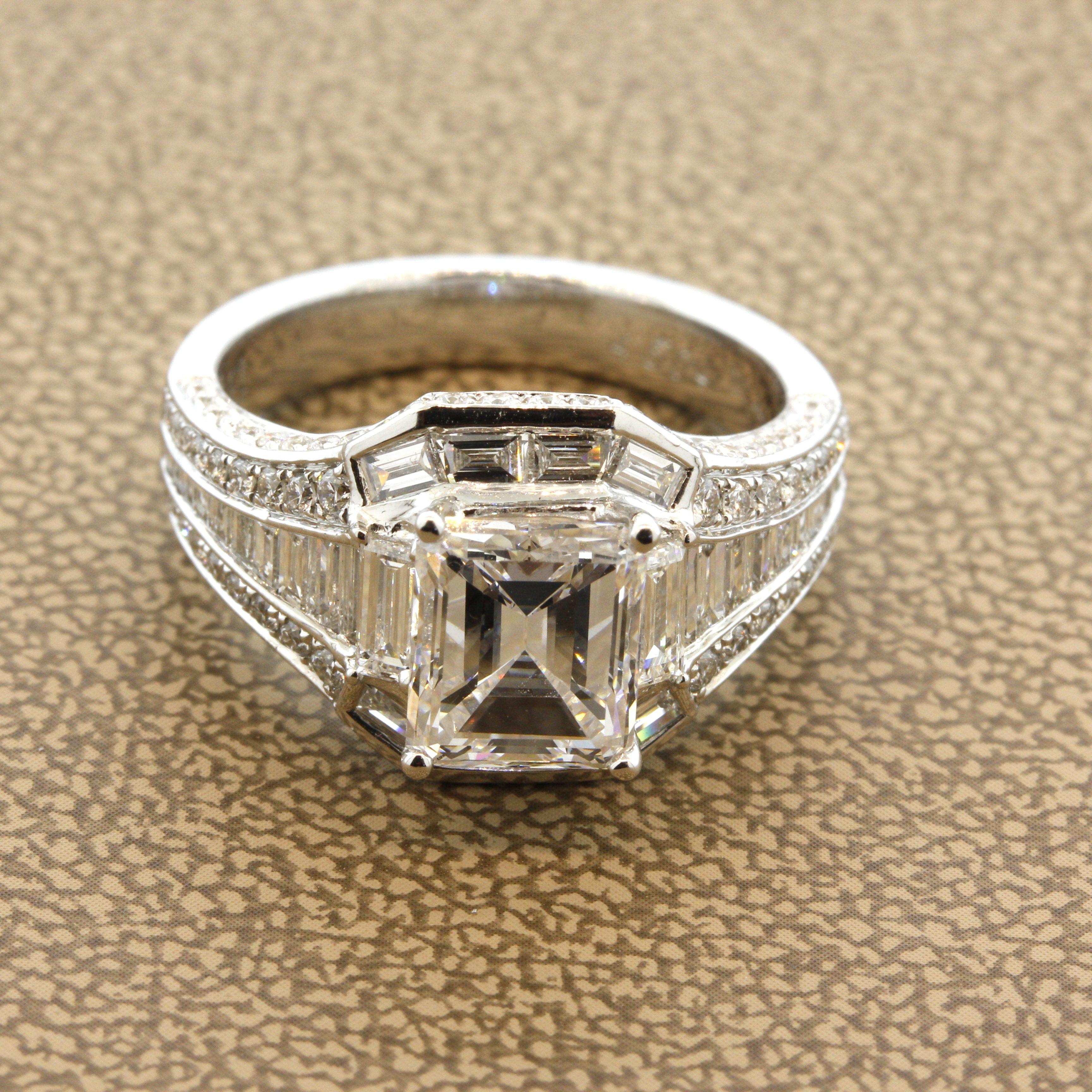 Women's 2.26 Carat Emerald-Cut Diamond Gold Engagement Ring, GIA Certified E-VS1 For Sale