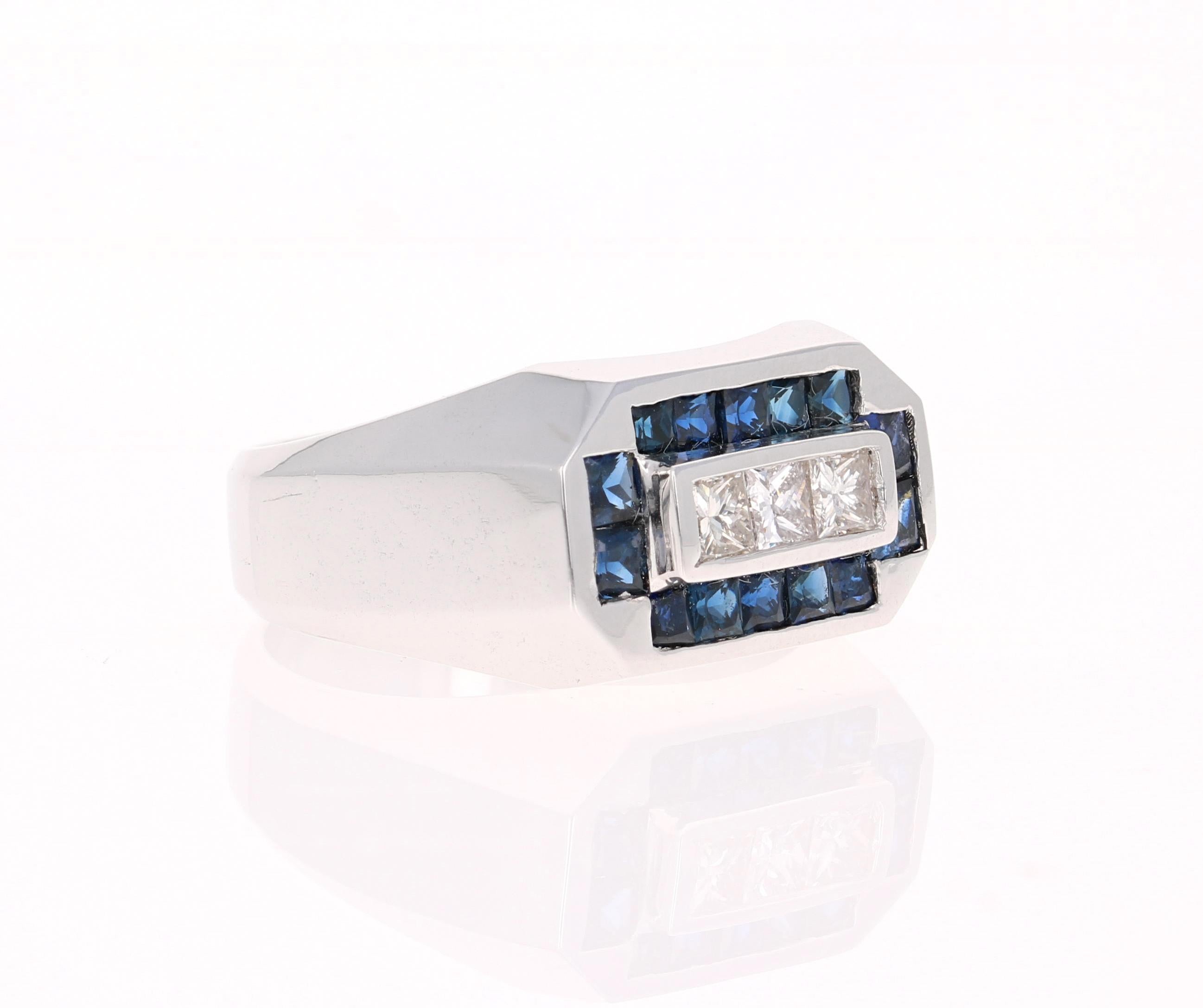 We also carry a unique Men's Collection of Wedding Bands & Rings! 

This amazing piece is set with 14 Sapphires that weigh 1.60 Carats and 3 Princess Cut Diamonds that weigh 0.66 Carats. The Total Carat Weight of the ring is 2.26 Carats. 

It is