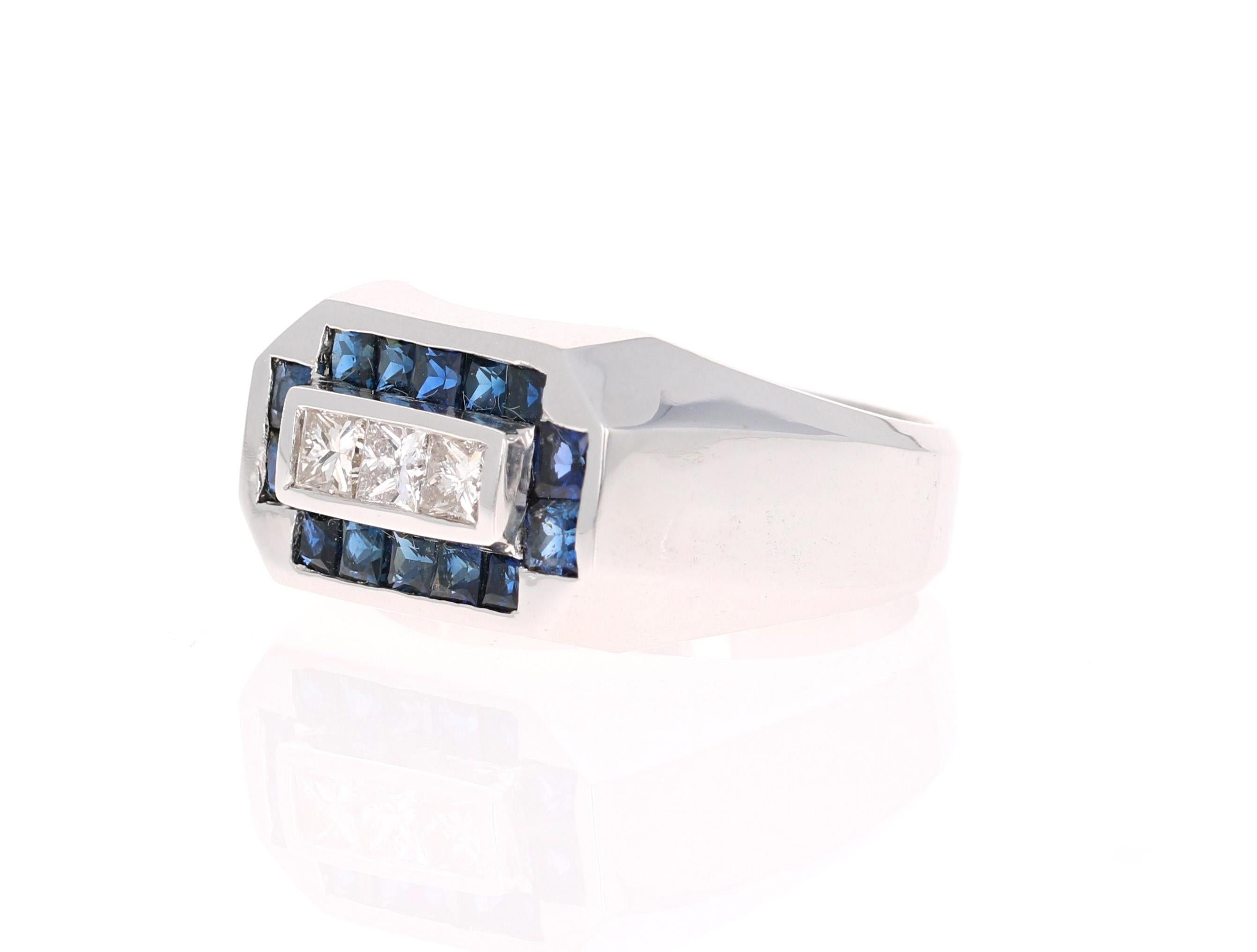 Modern 2.26 Carat Men's Sapphire Diamond 14 Karat White Gold Ring
