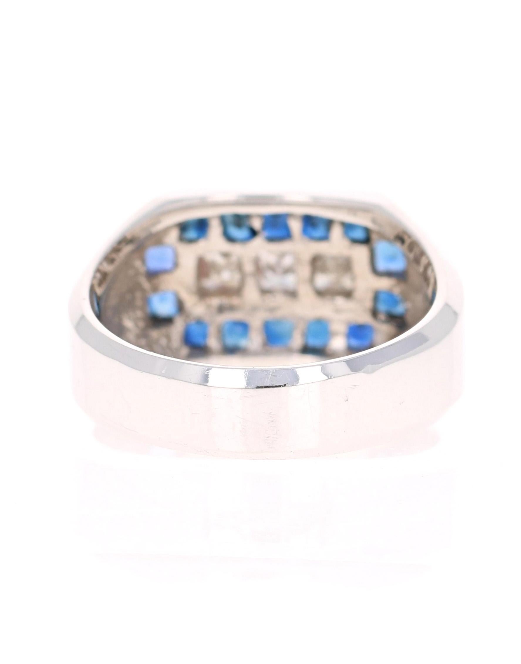 Square Cut 2.26 Carat Men's Sapphire Diamond 14 Karat White Gold Ring