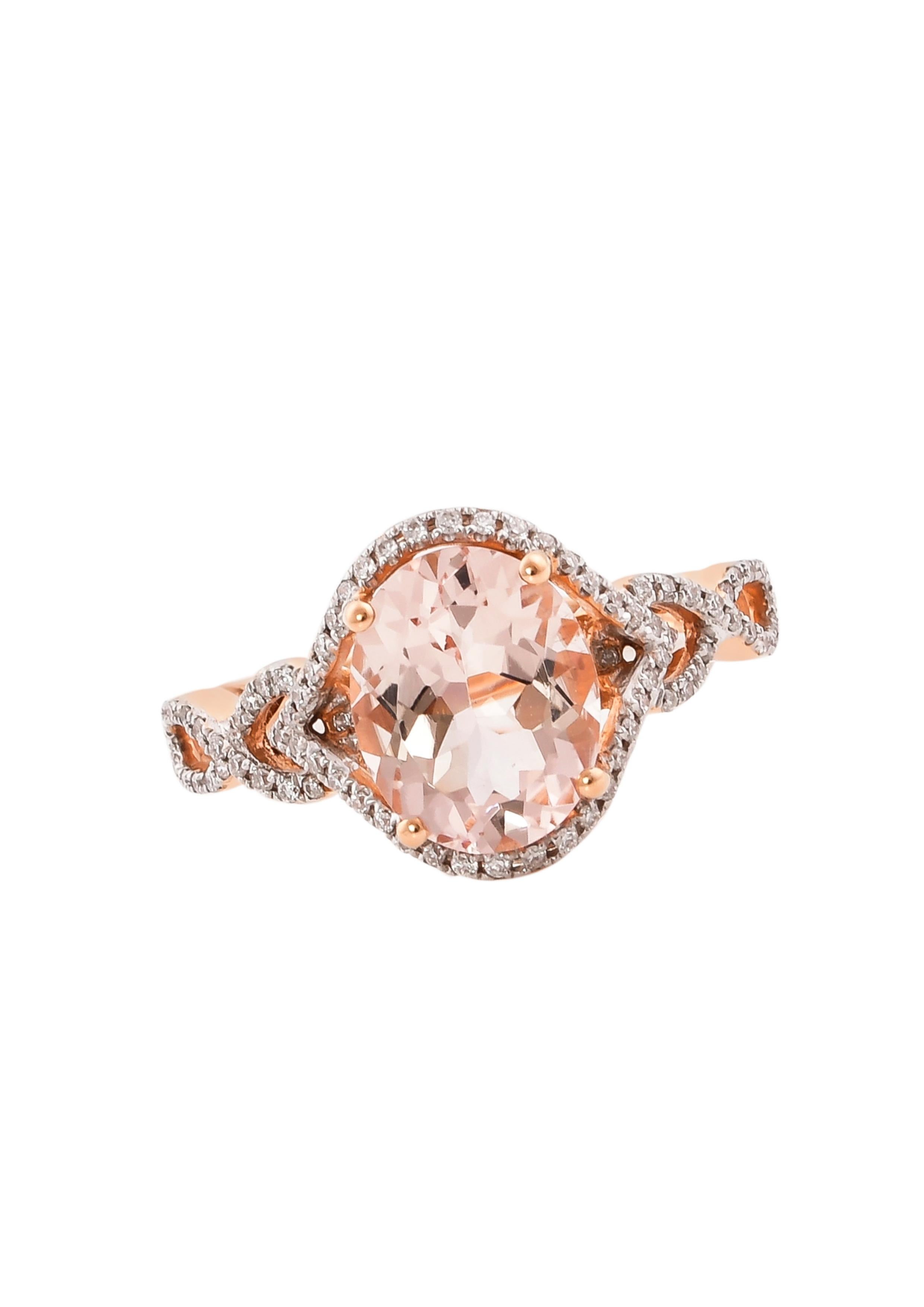 This collection features an array of magnificent morganites! Accented with Diamond these rings are made in rose gold and present a classic yet elegant look. 

Classic morganite ring in 18K Rose gold with Diamond. 

Morganite: 2.26 carat, 10X8mm