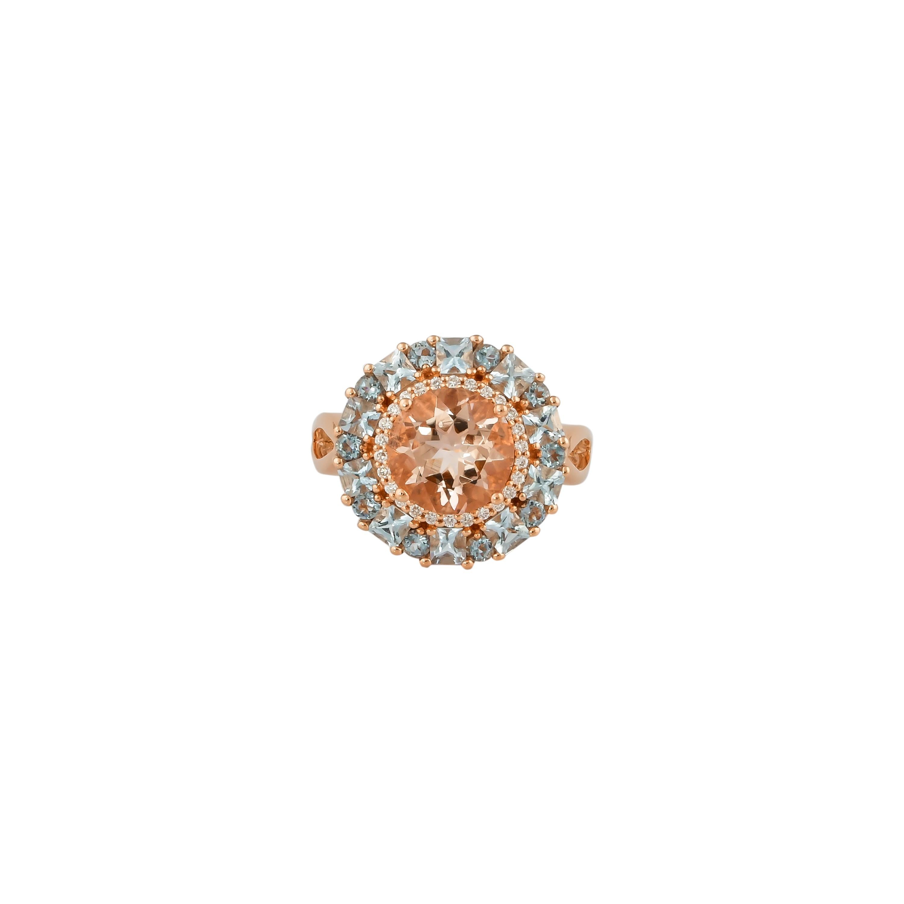 Contemporary 2.26 Carat Morganite, Aquamarine and Diamond Ring in 18 Karat Rose Gold For Sale