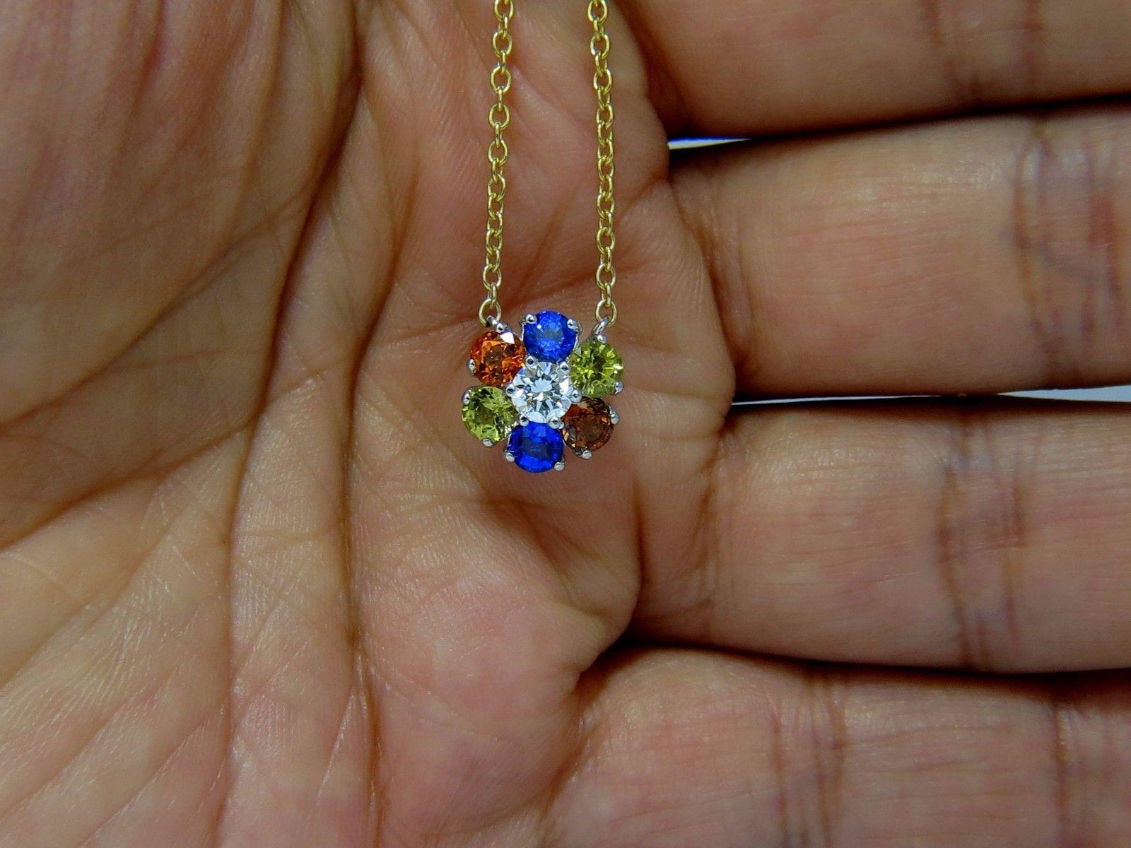 Multicolored Natural Gems stone cluster pendant & Necklace.

1.94ct natural multicolor sapphires

Bright Orange, Blue, Yellow & Pink.

.32ct round brilliant diamond

G-color Vs-2 clarity.

.44 inch diameter



14kt. yellow gold necklace & 14kt white