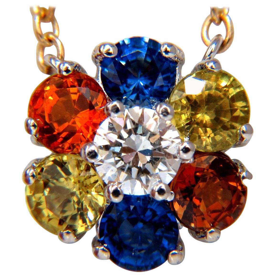 2.26 Carat Natural Multi-Color Sapphires Diamond Cluster Necklace 14 Karat