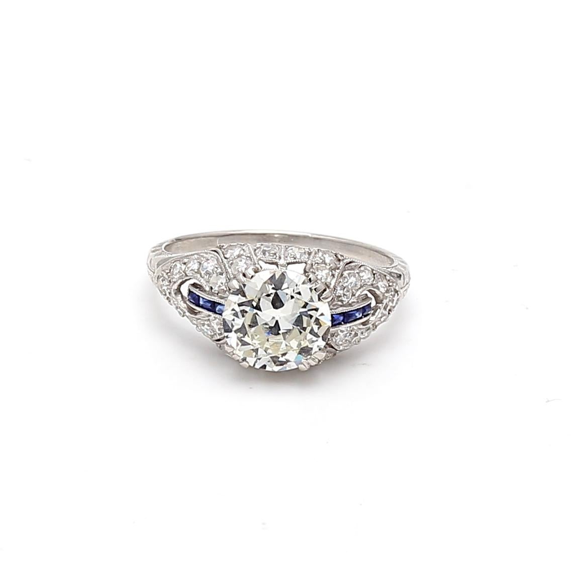 2.26 Carat Old European Cut Diamond 0.06 Carat Sapphire Platinum Engagement Ring 6