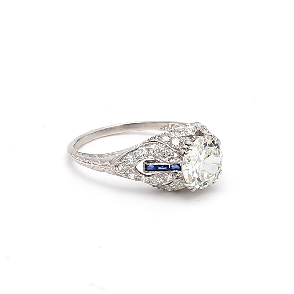 2.26 Carat Old European Cut Diamond 0.06 Carat Sapphire Platinum Engagement Ring In Good Condition In New York, NY