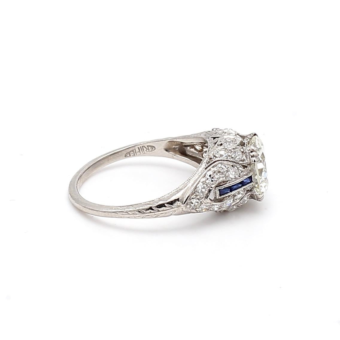 Women's 2.26 Carat Old European Cut Diamond 0.06 Carat Sapphire Platinum Engagement Ring