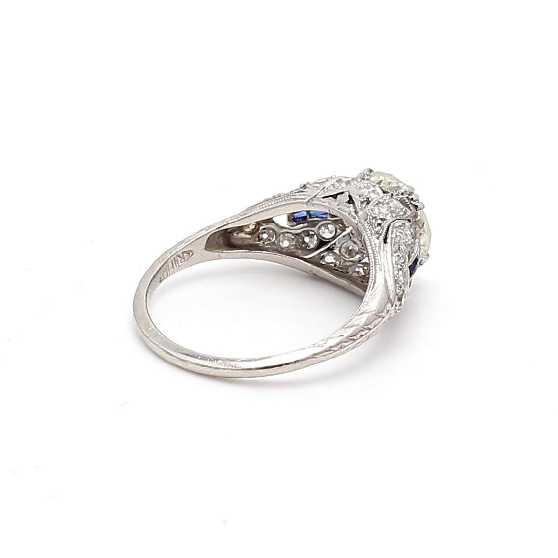 2.26 Carat Old European Cut Diamond 0.06 Carat Sapphire Platinum Engagement Ring 1