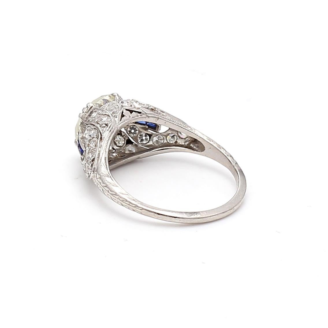 2.26 Carat Old European Cut Diamond 0.06 Carat Sapphire Platinum Engagement Ring 3