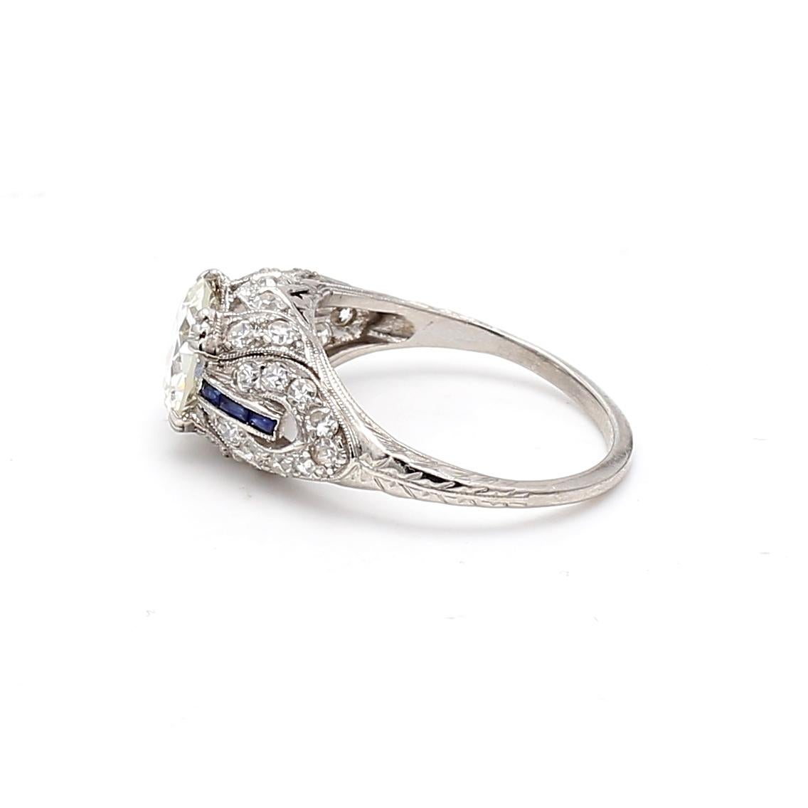 2.26 Carat Old European Cut Diamond 0.06 Carat Sapphire Platinum Engagement Ring 4