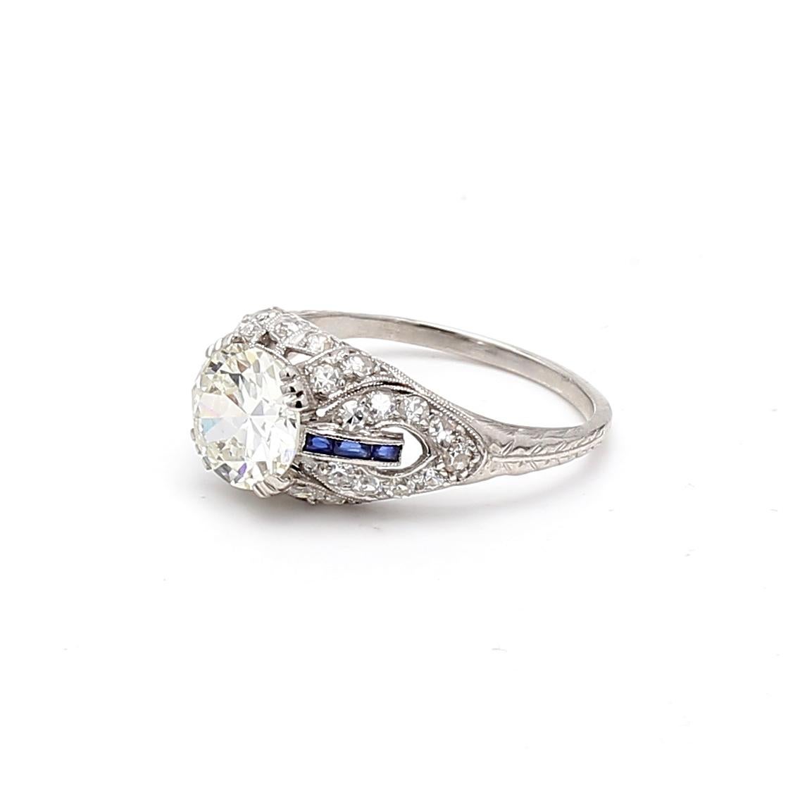 2.26 Carat Old European Cut Diamond 0.06 Carat Sapphire Platinum Engagement Ring 5