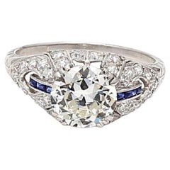 2.26 Carat Old European Cut Diamond 0.06 Carat Sapphire Platinum Engagement Ring