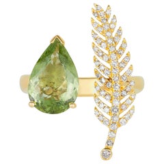 2.26 Carat Paraiba Pear Tourmaline Ring White Diamond Feather 14 Karat Gold