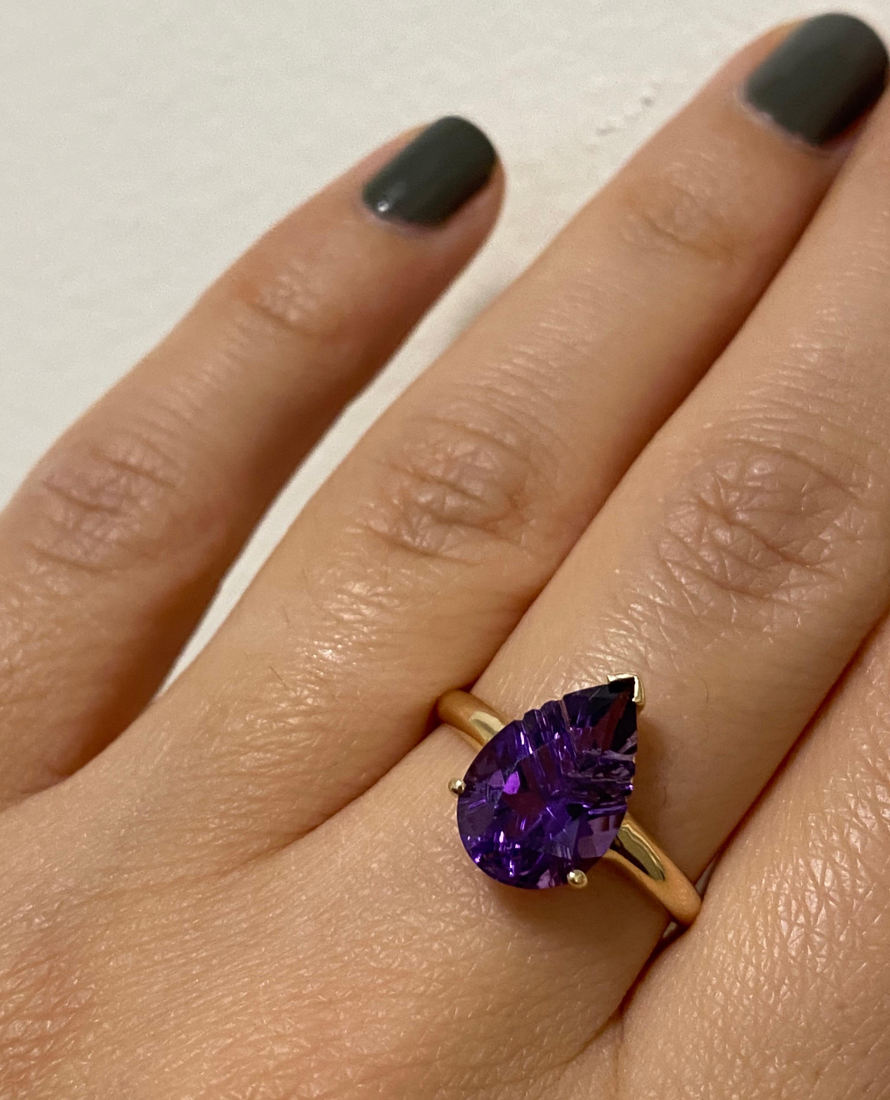 Material: 14k Yellow Gold 
Stone Details: 1 Pear Shaped Amethyst at 2.26 Carats Measuring at 11.5 x 7.8mm
Alberto offers complimentary sizing on all rings.

Fine one-of-a-kind craftsmanship meets incredible quality in this breathtaking piece of