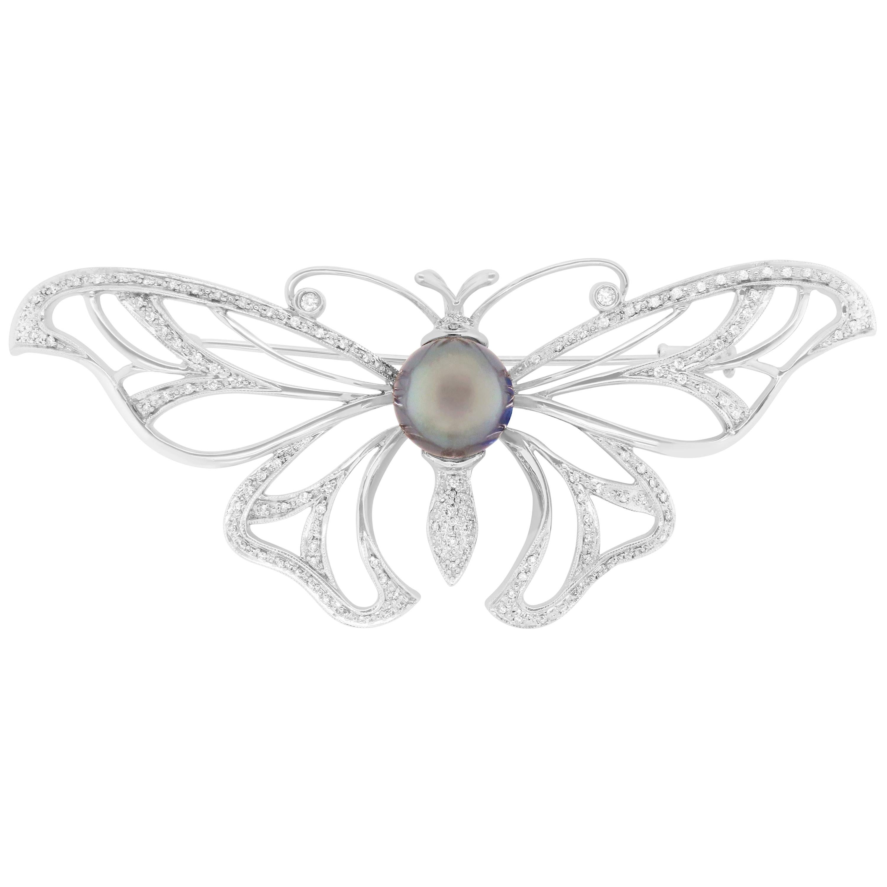 Round Tahitian Pearl Round Diamond Butterfly Pendant Brooch Pin 18K White Gold